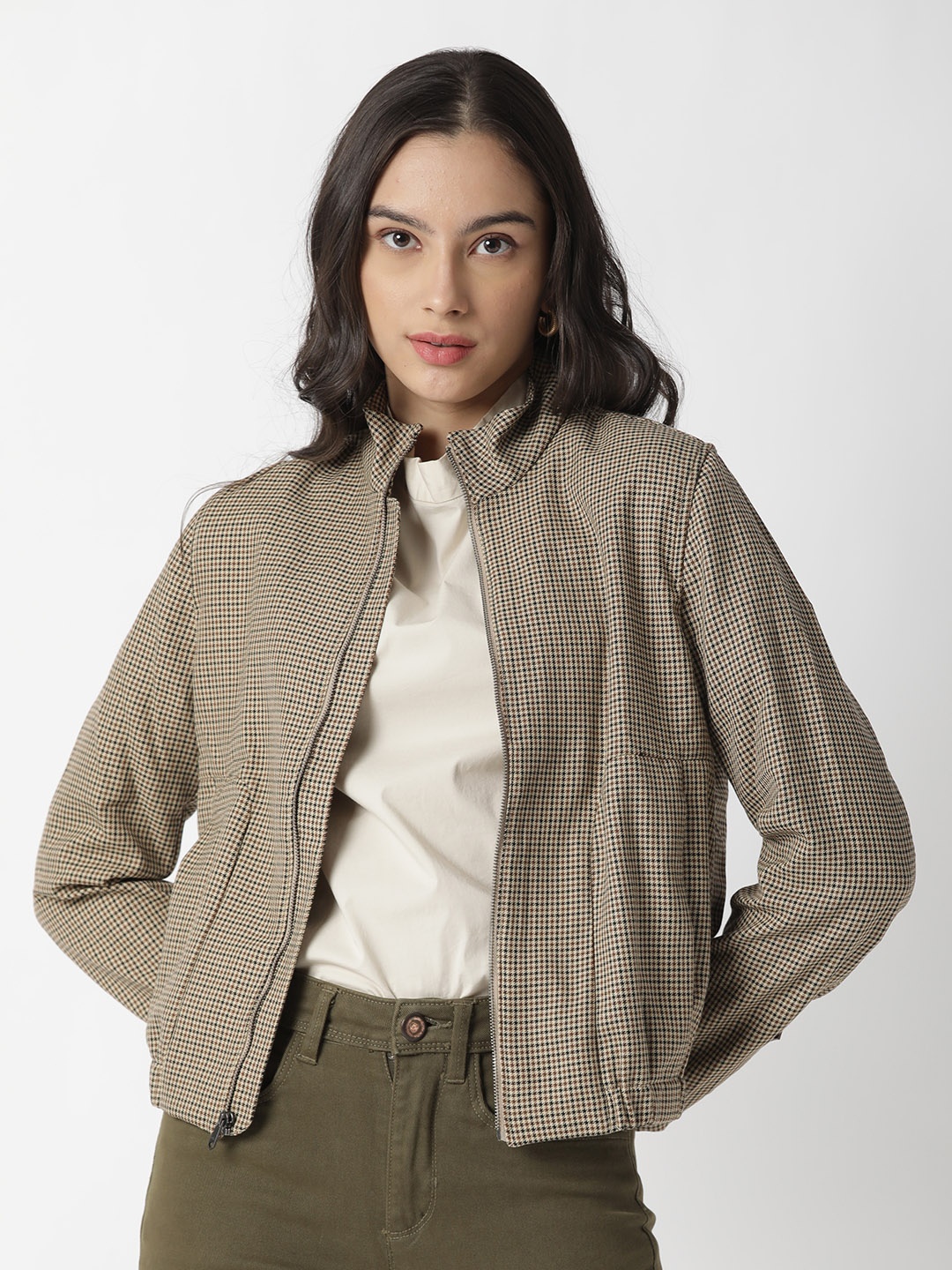 

RAREISM Women Brown & Yellow Checked Bomber Jacket