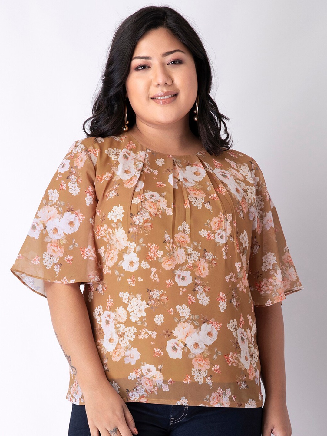 FabAlley Curve Brown & White Floral Print Top