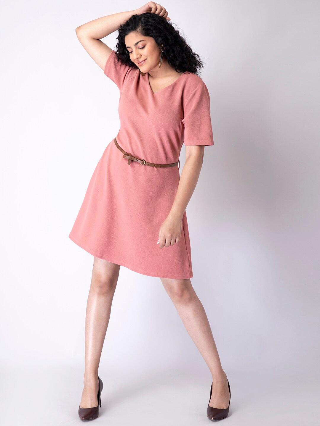 

FabAlley Curve Pink A-Line Dress with Tan Belt