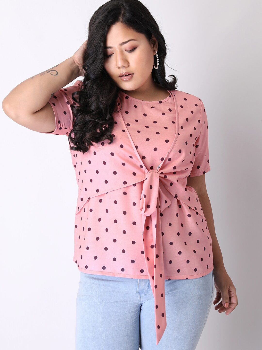 

FabAlley Curve Women Peach-Coloured Polka Dots Printed Georgette Top