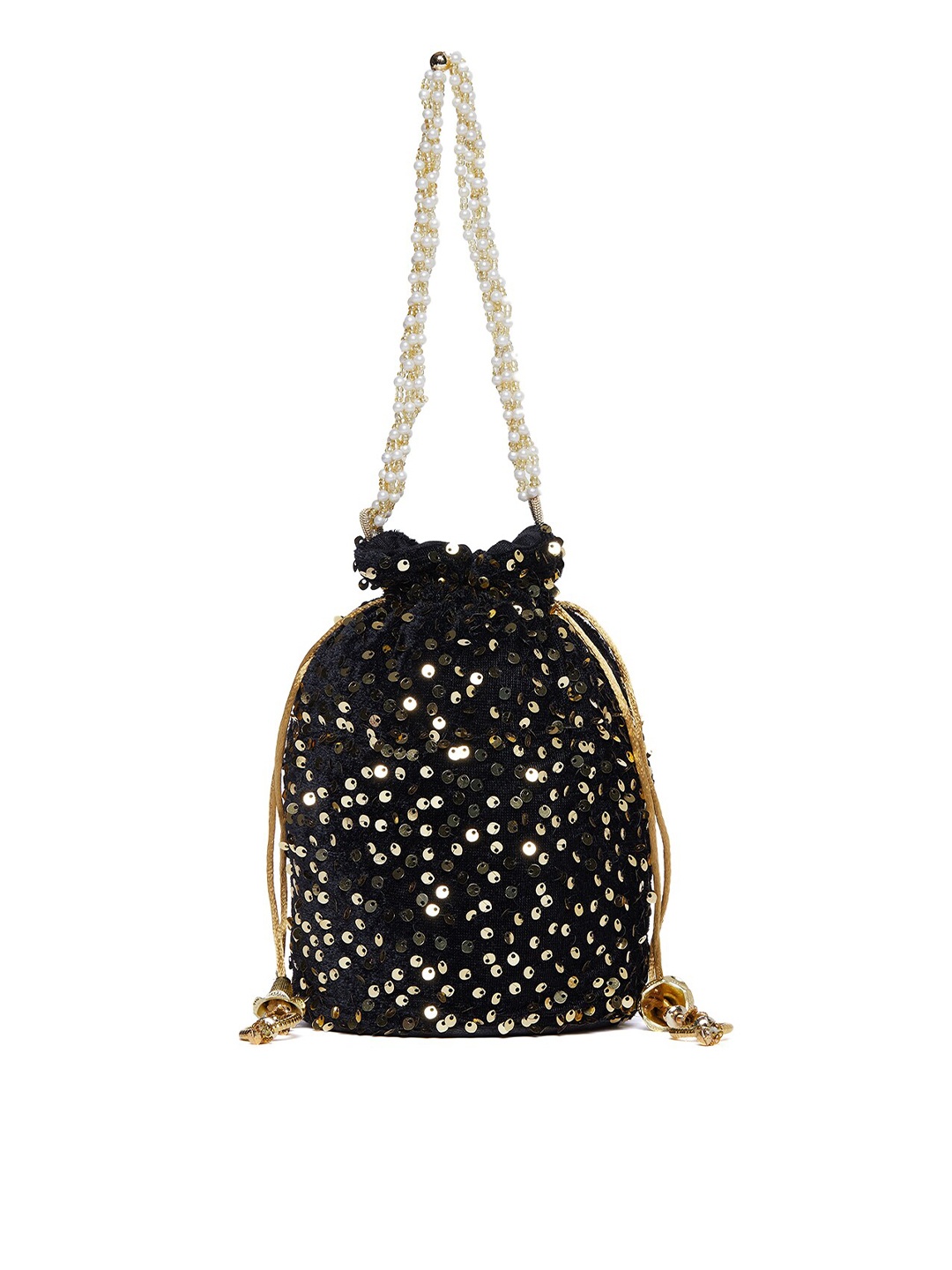 

Athena Black & Gold-Toned Embellished Potli Clutch