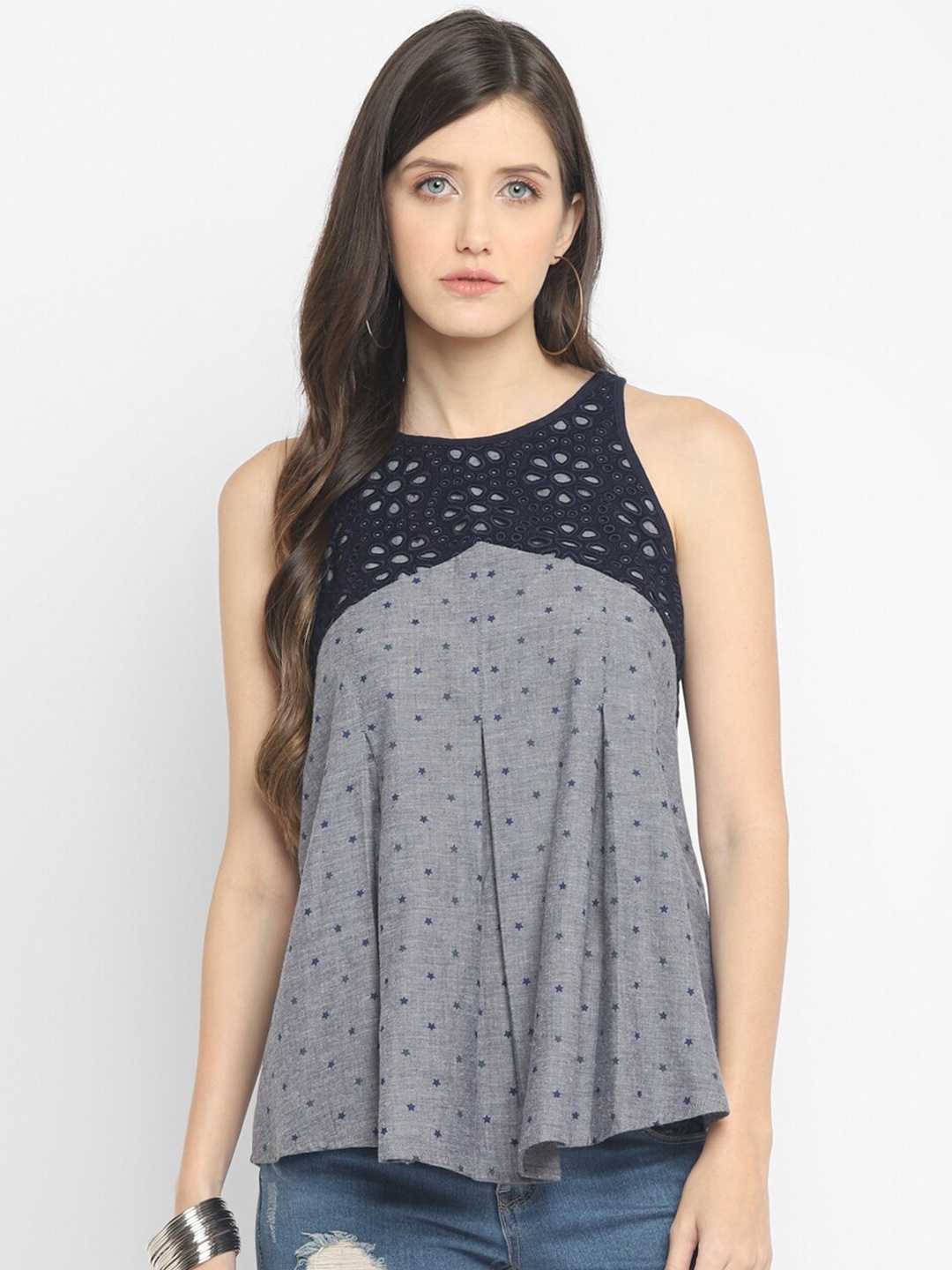 

Taurus Grey & Navy Blue Pure Cotton Chambray Top