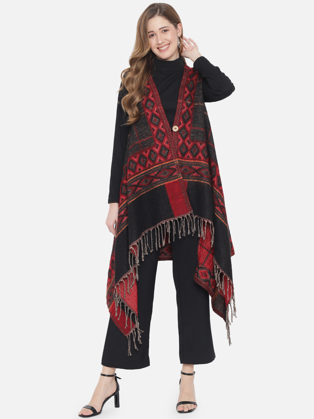

Taurus Women Black Red Longline Open Front Jacket
