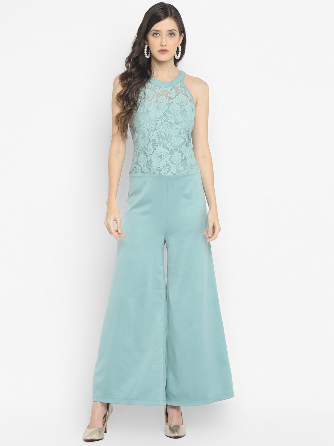 

Taurus Blue Self Design Halter Neck Culotte Jumpsuit