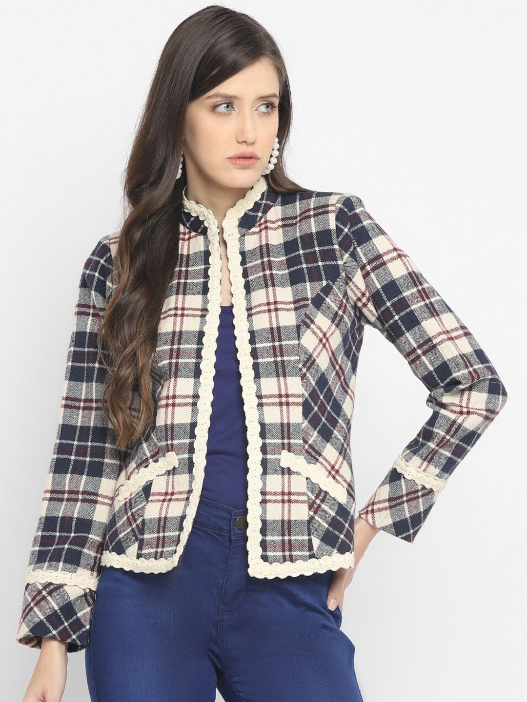 

Taurus Women Blue & Cream-Coloured Checked Pure Cotton Open Front Jacket with Patchwork
