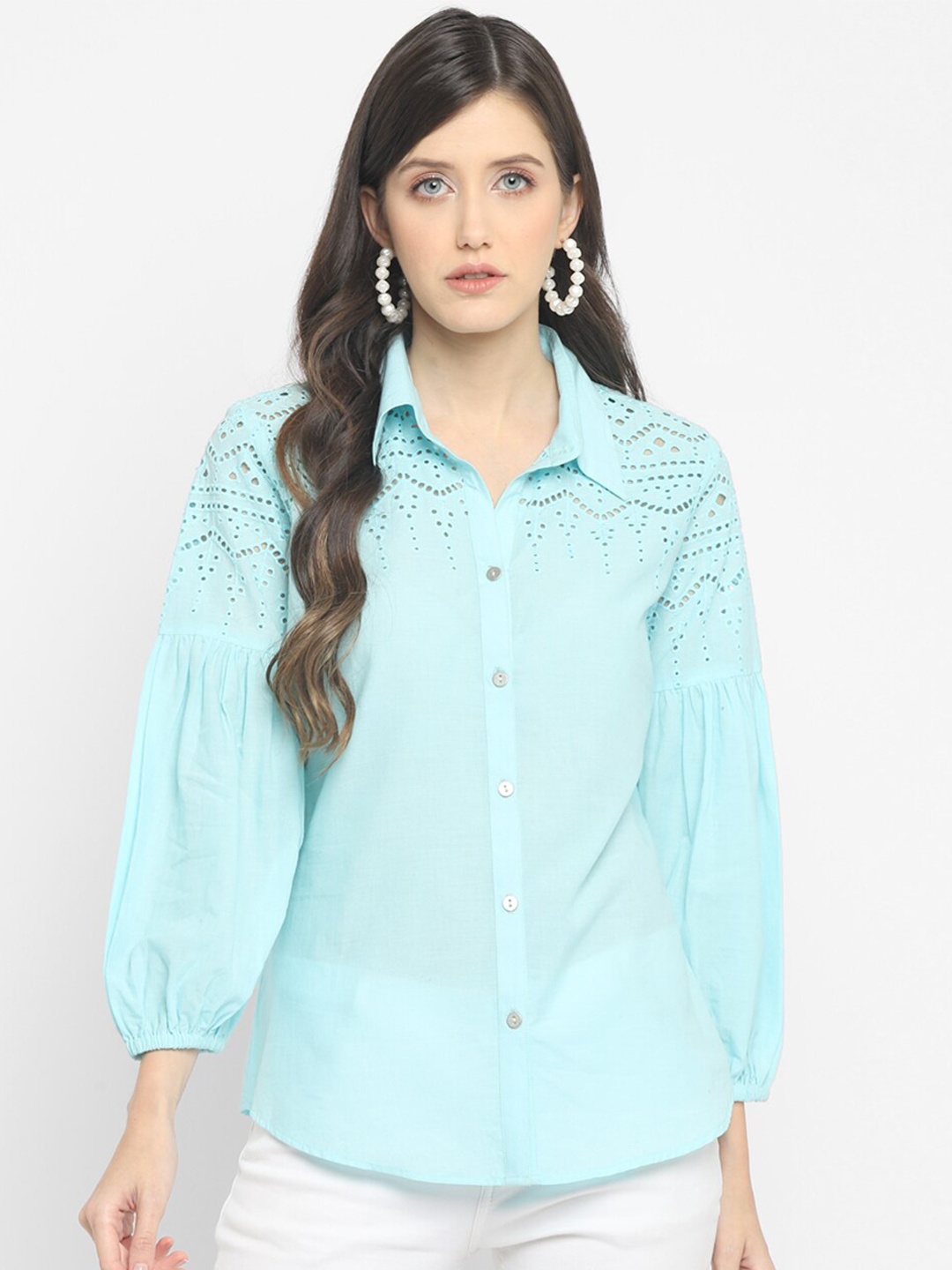 

Taurus Women Turquoise Blue Cotton Schiffli Casual Shirt