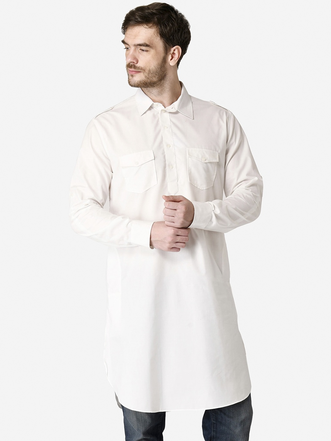 

TABARD Men White Solid Cotton Pathani Kurta