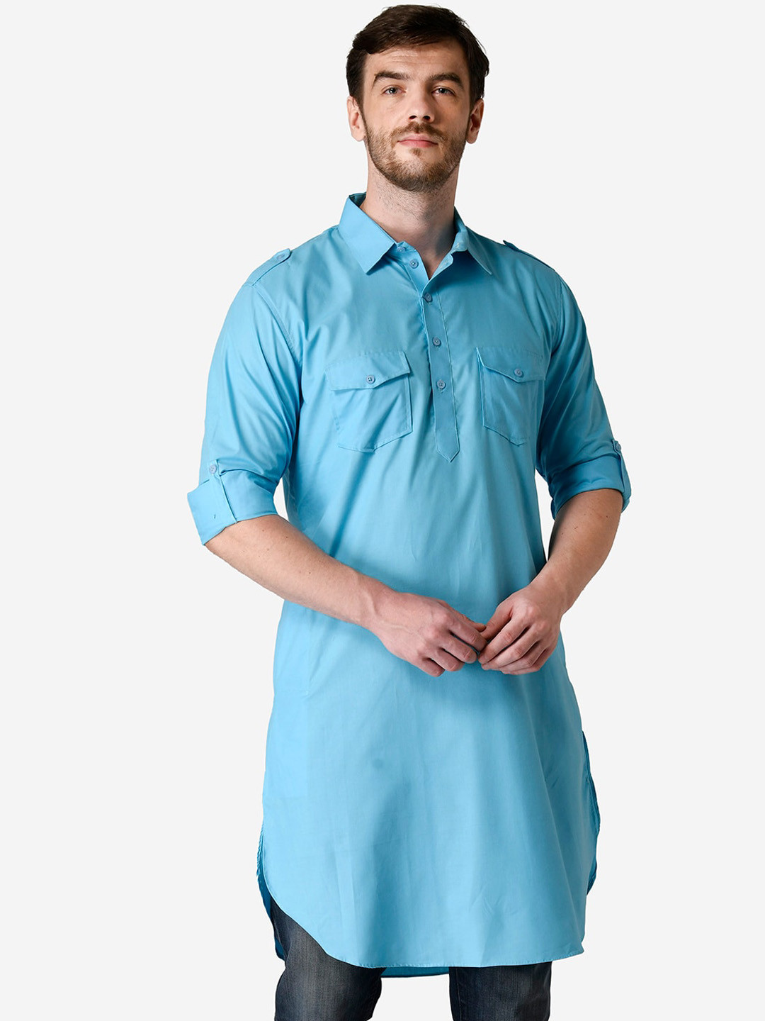 

TABARD Men Blue Cotton Plain Kurta
