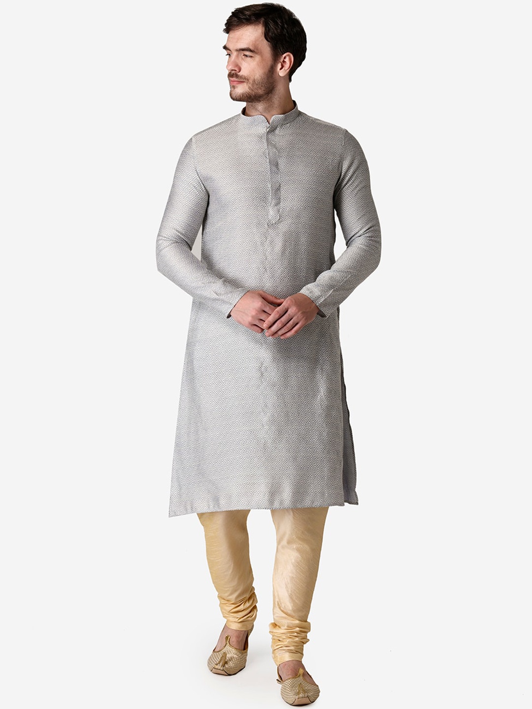 

TABARD Men White Geometric Woven Design Jacquard Kurta