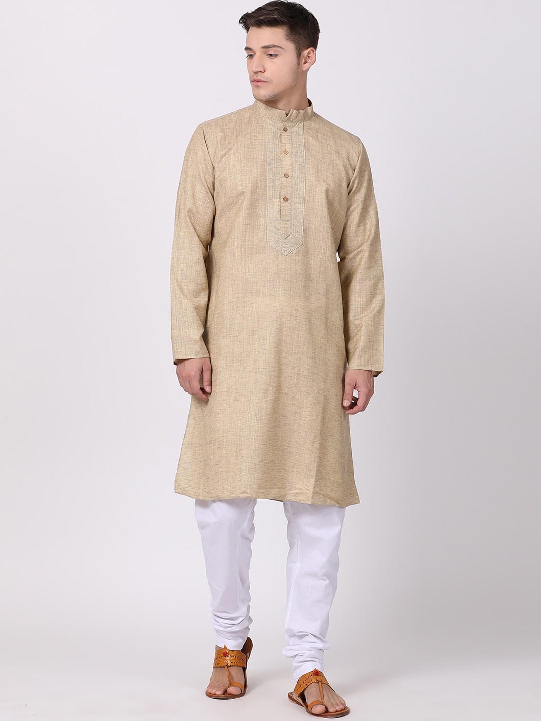 

TABARD Men Beige Solid Mandarin Collar Cotton Kurta