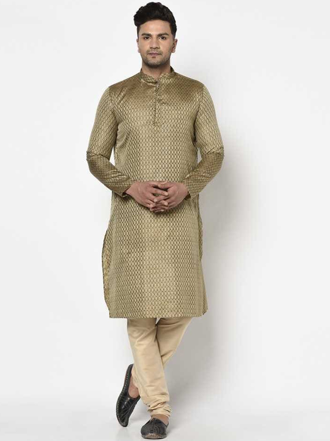 

TABARD Men Brown & Gold-Toned Woven Design Mandarin Collar Jacquard Kurta