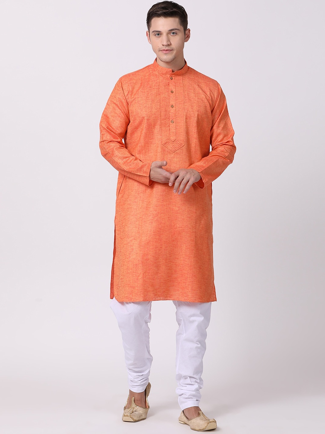

TABARD Men Orange Solid Mandarin Collar Cotton Kurta