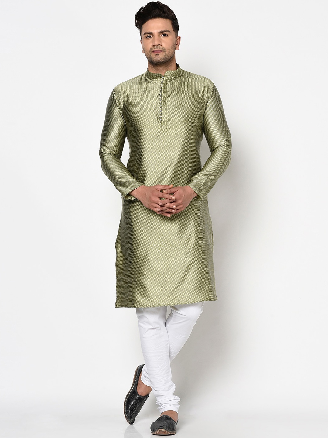 

TABARD Men Green & Grey Geometric Woven Design Jacquard Kurta