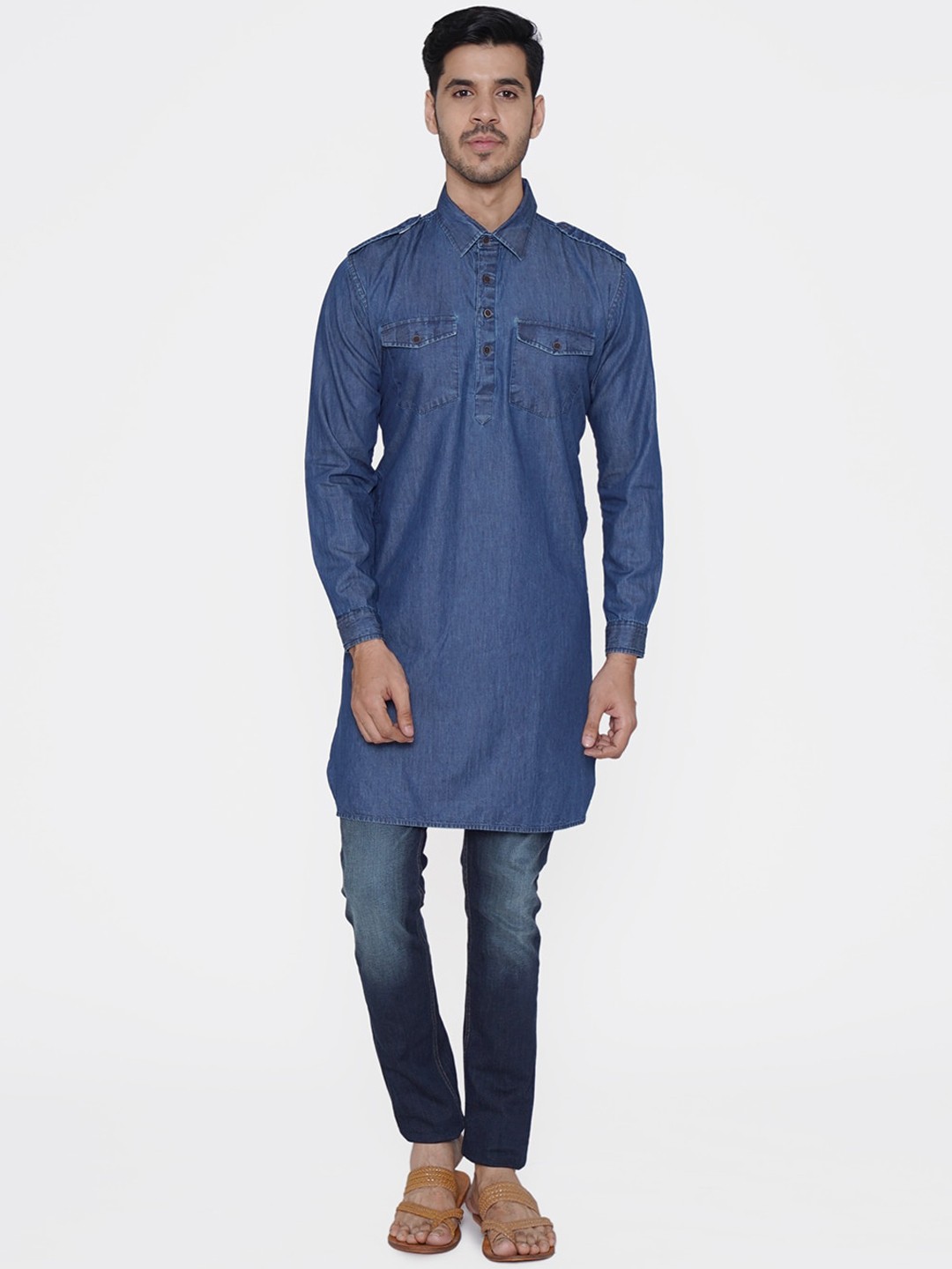 

TABARD Men Solid Denim Plain Kurta, Navy blue