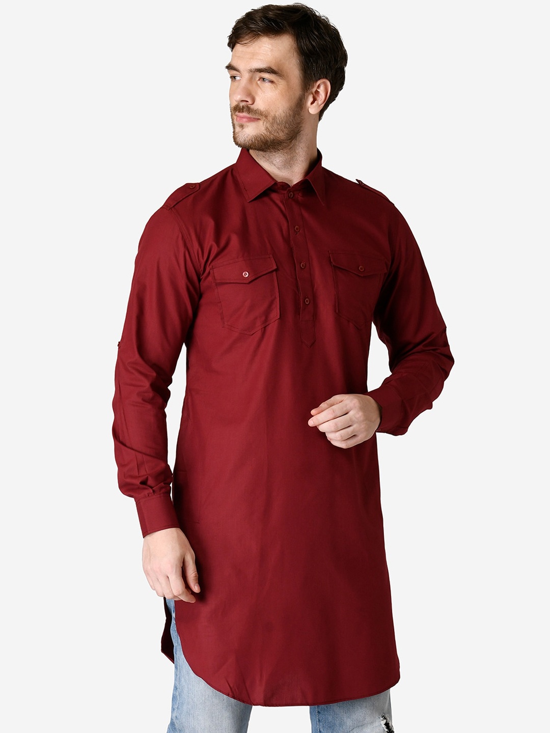 

TABARD Men Maroon Solid Cotton Pathani Kurta