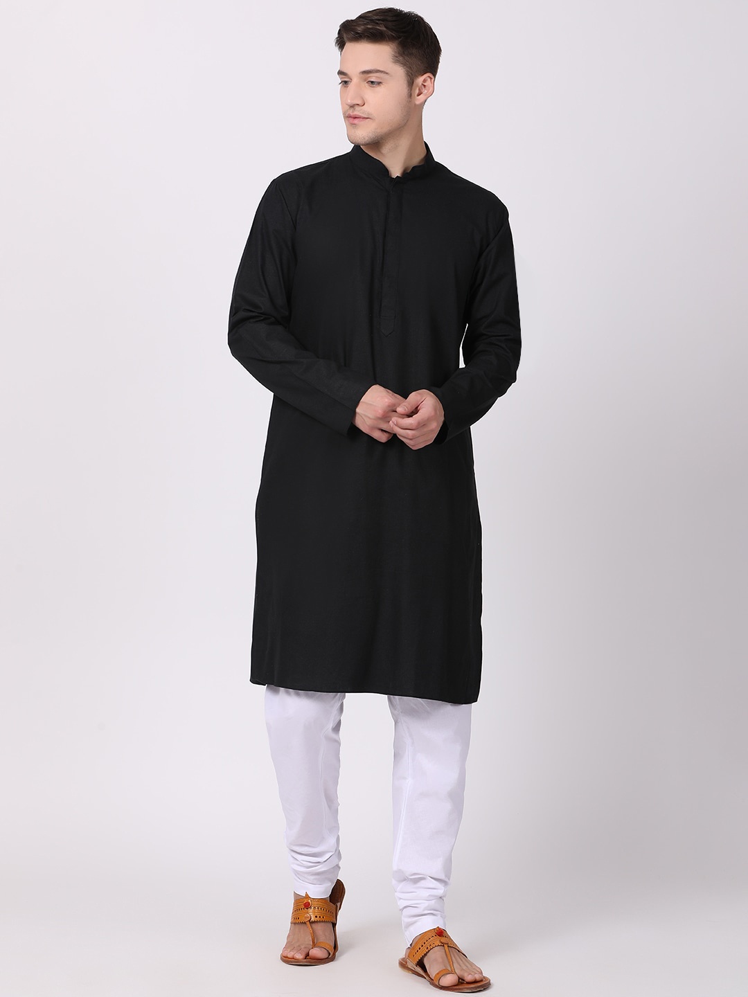 

TABARD Men Black Solid Mandarin Collar Cotton Kurta