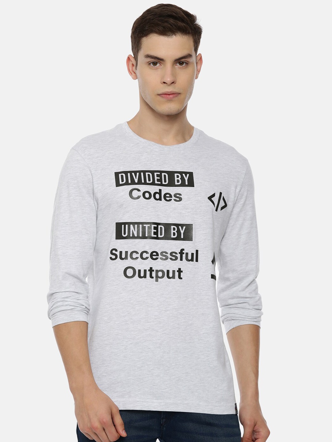 

3PIN Men Grey Typography Printed Raw Edge T-shirt