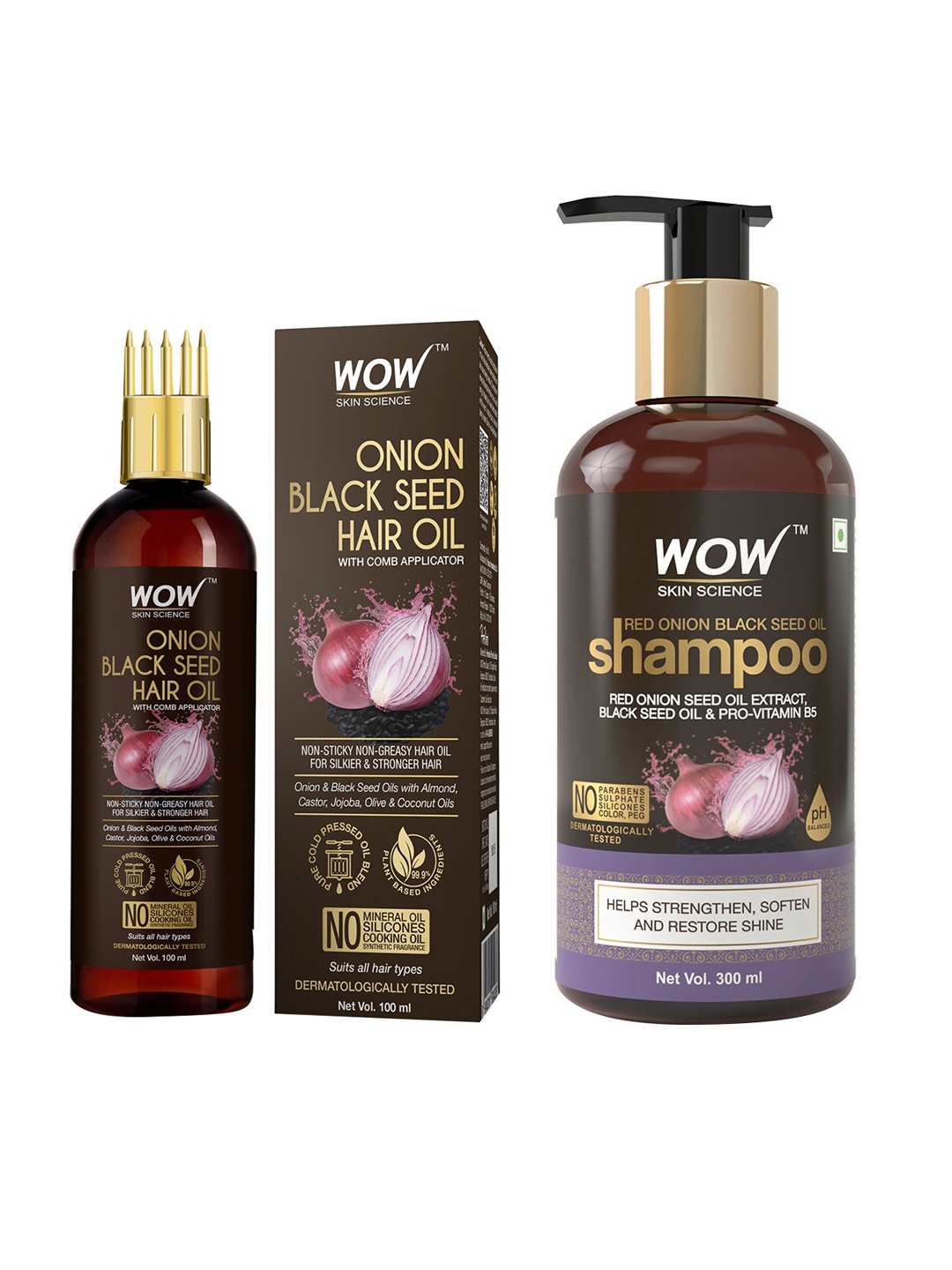 

WOW SKIN SCIENCE Set of Onion Black Seed Oil Shampoo & Hair Oil - With Comb Applicator, Brown