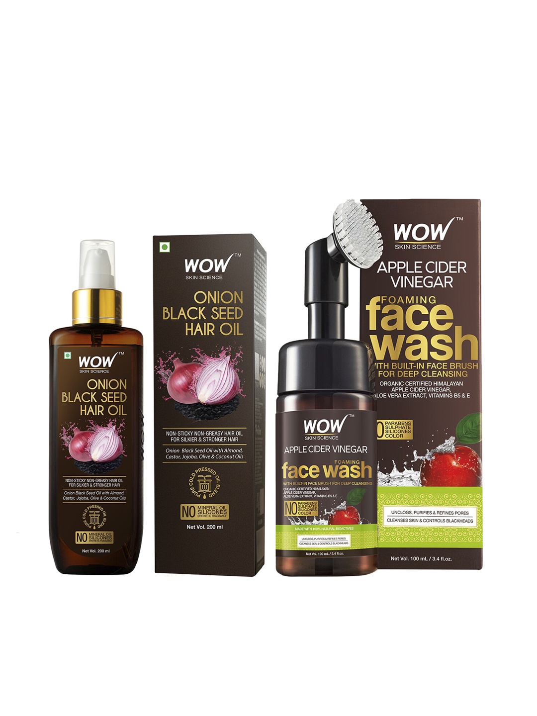 

WOW SKIN SCIENCE Set of Onion Black Seed Hair Oil & Apple Cider Vinegar Foaming Face Wash, Brown