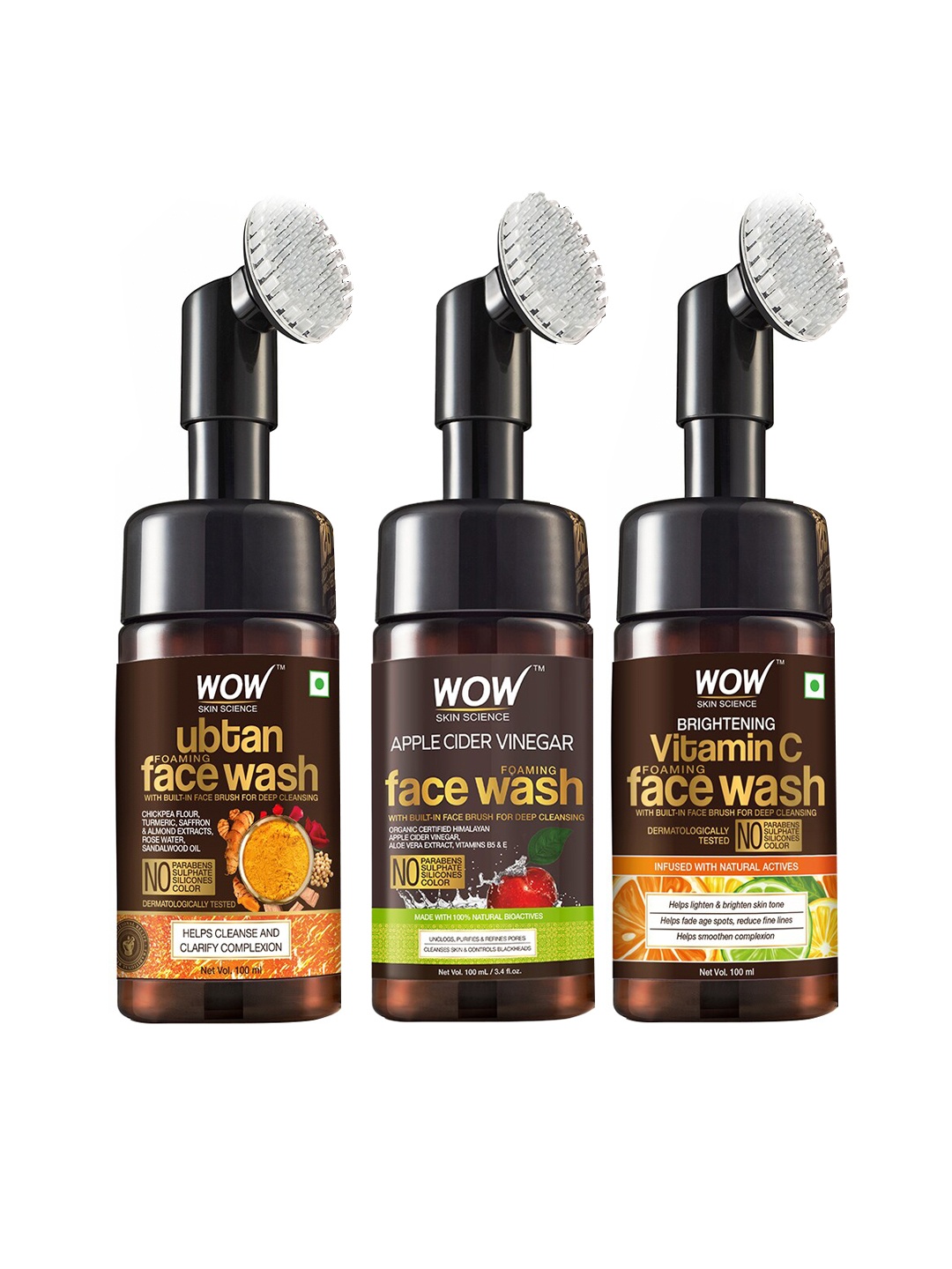 

WOW SKIN SCIENCE Set of 3 Face Wash - Brightening Vitamin C - Apple Cider Vinegar & Ubtan, Brown