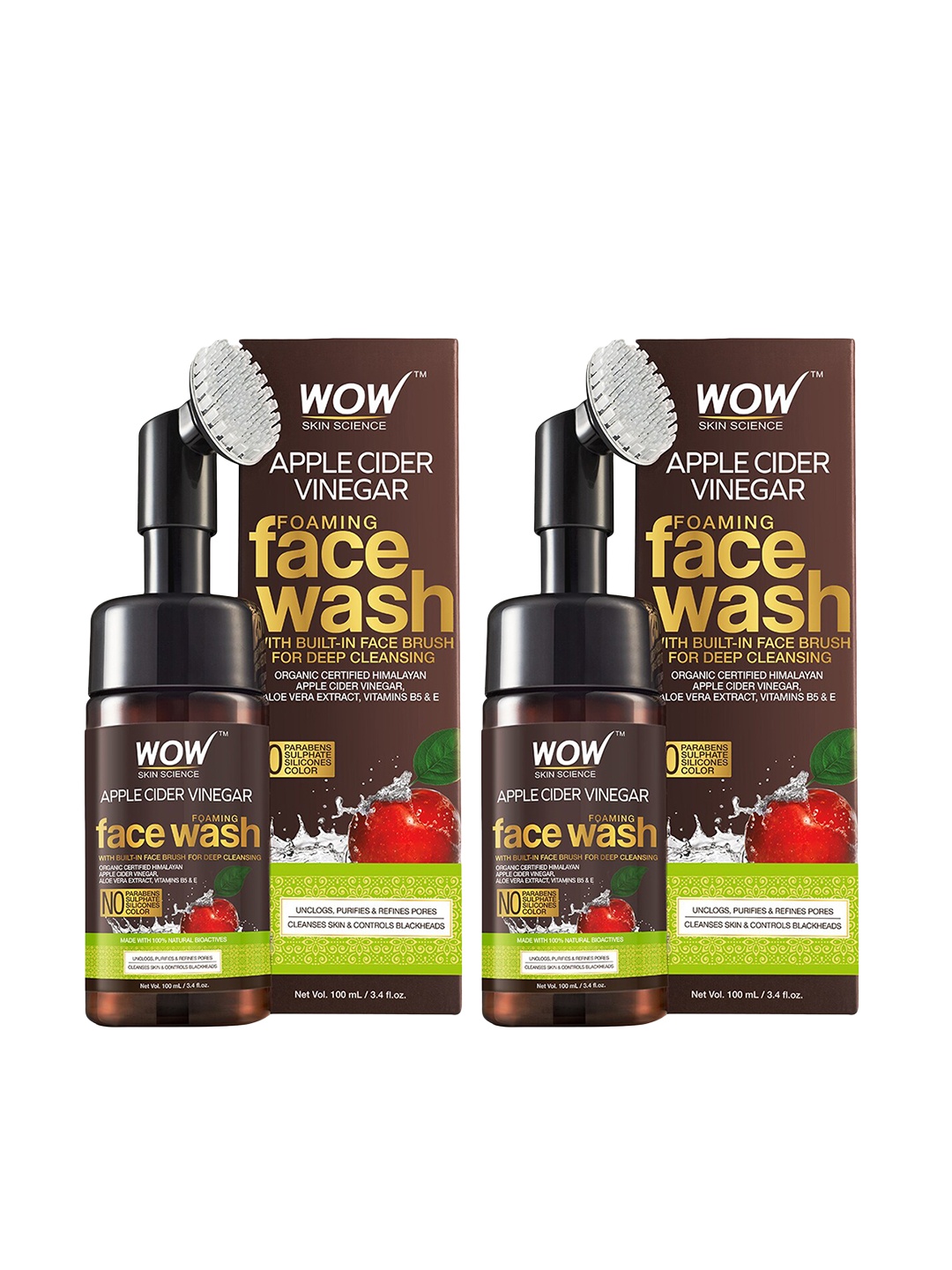 

WOW SKIN SCIENCE Set of 2 Apple Cider Vinegar Foaming Face Wash with Built-In Brush, Brown