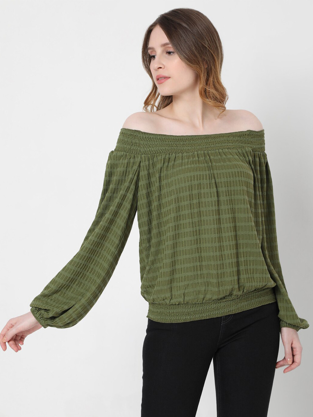 

Vero Moda Olive Green Checked Off-Shoulder Bardot Top