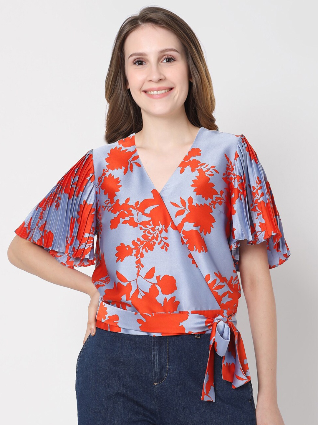 

Vero Moda Red & Blue Print Wrap Top