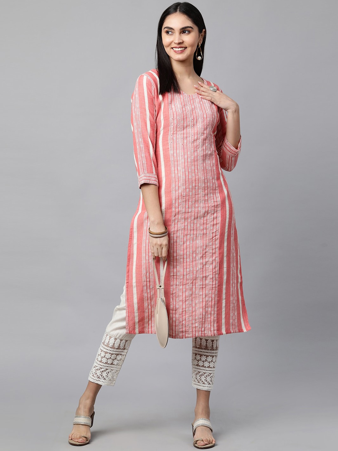 

FASHOR Women Peach-Coloured & Off White Striped Kurta