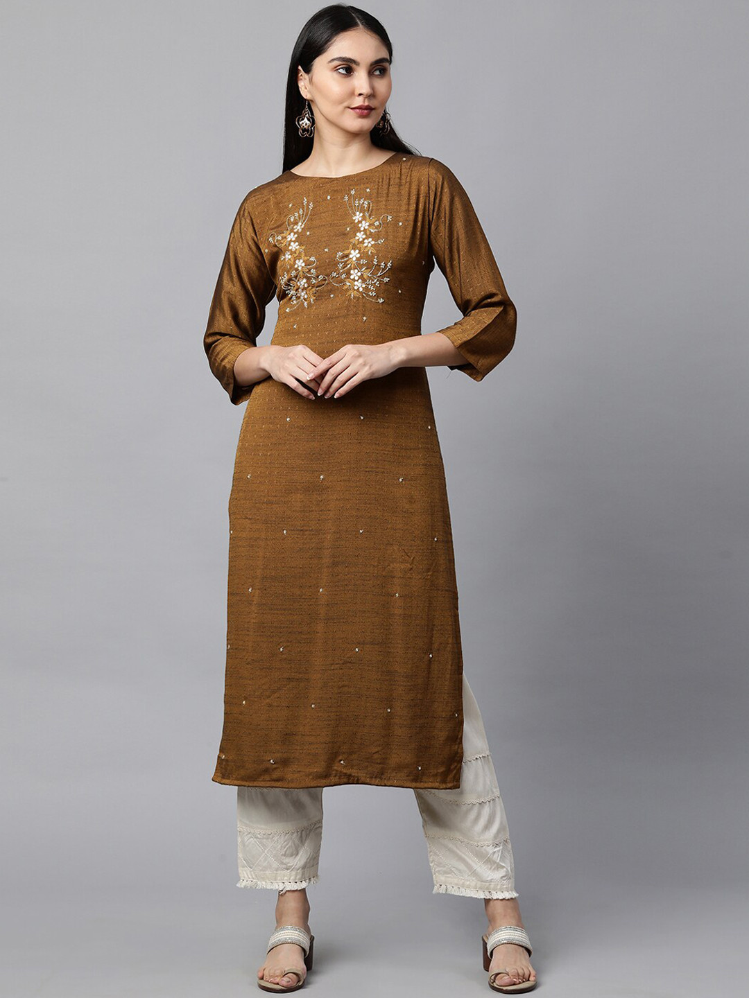 

FASHOR Women Mustard Yellow Floral Embroidered Kurta
