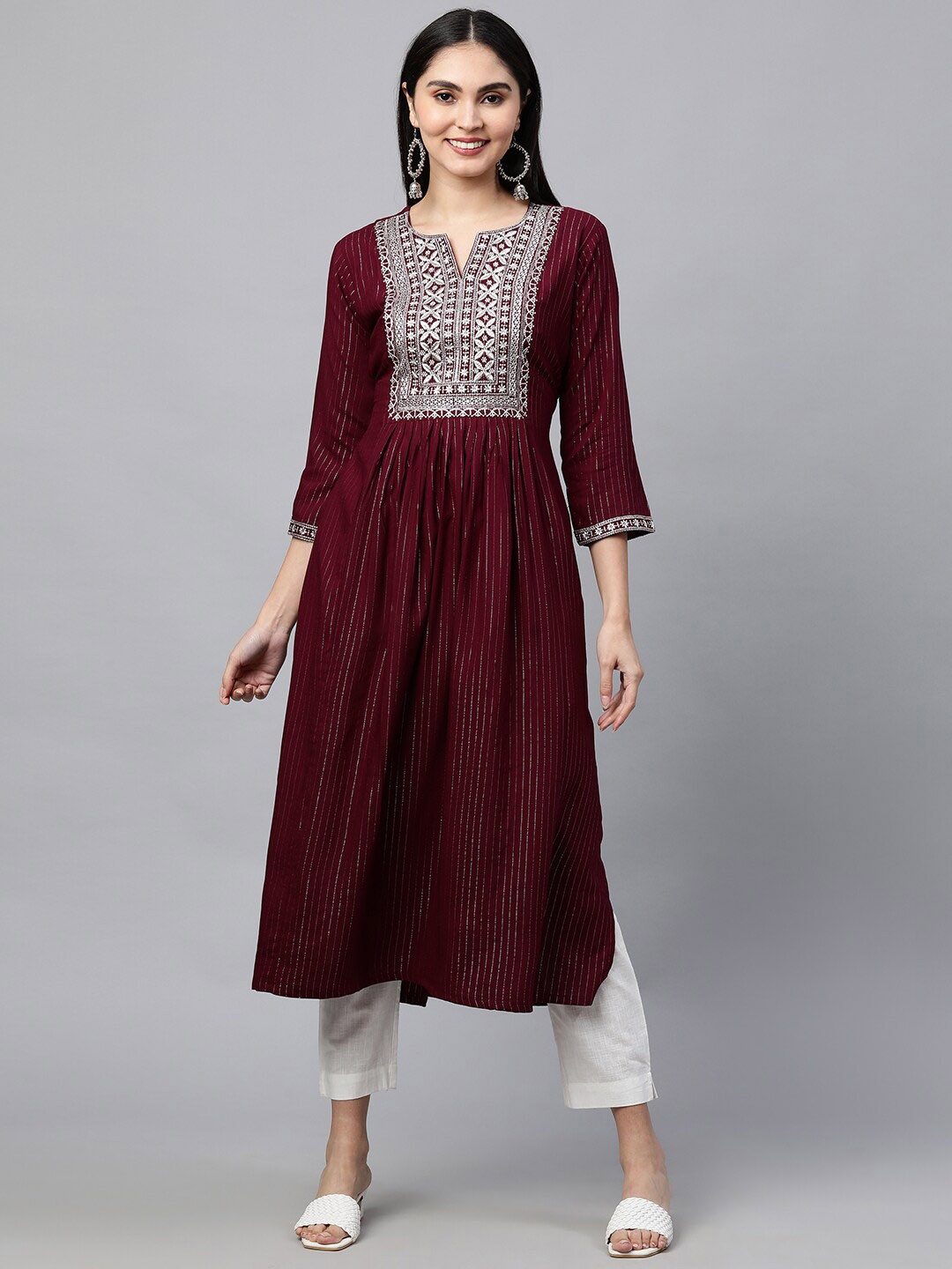 

FASHOR Women Burgundy Ethnic Motifs Yoke Design Thread Work Kurta