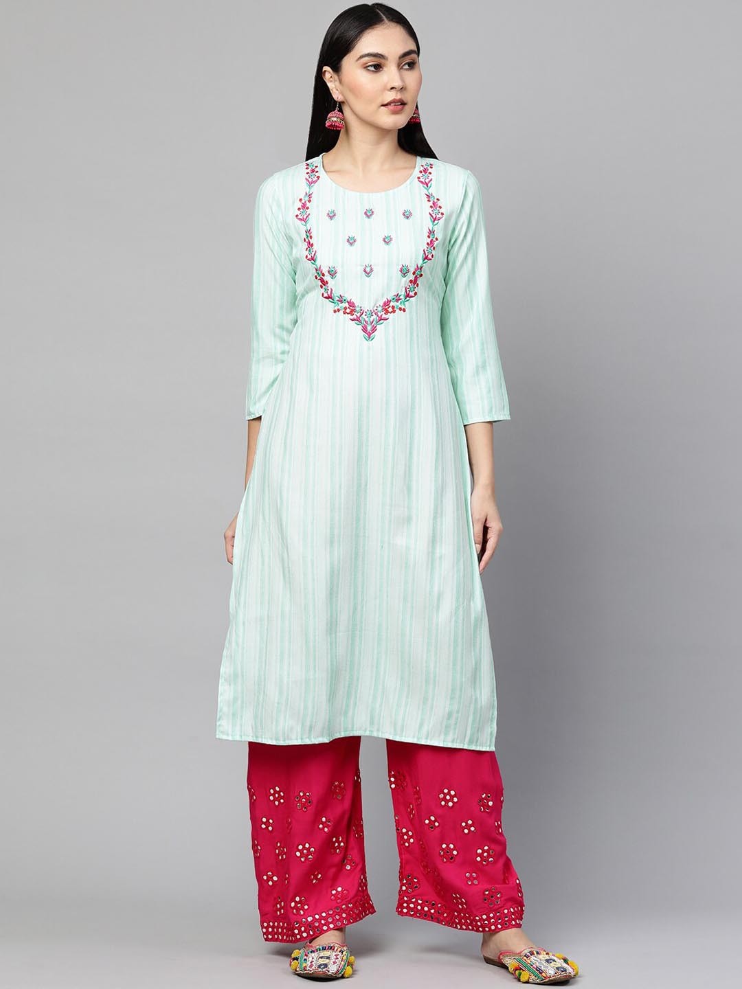 

FASHOR Women Sea Green Striped Flared Sleeves Thread Work Kurta