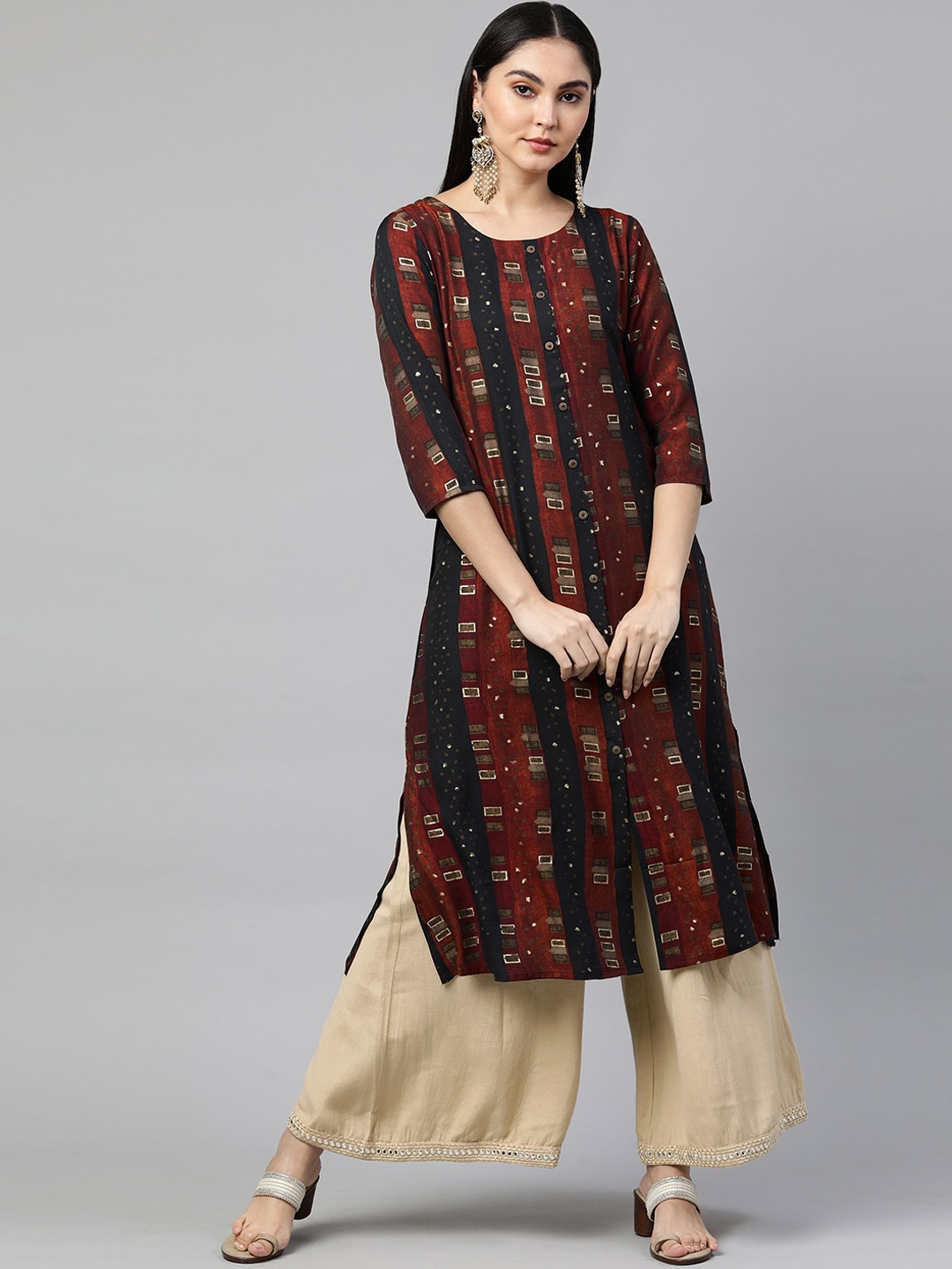 

FASHOR Women Maroon & Black Striped Kurta