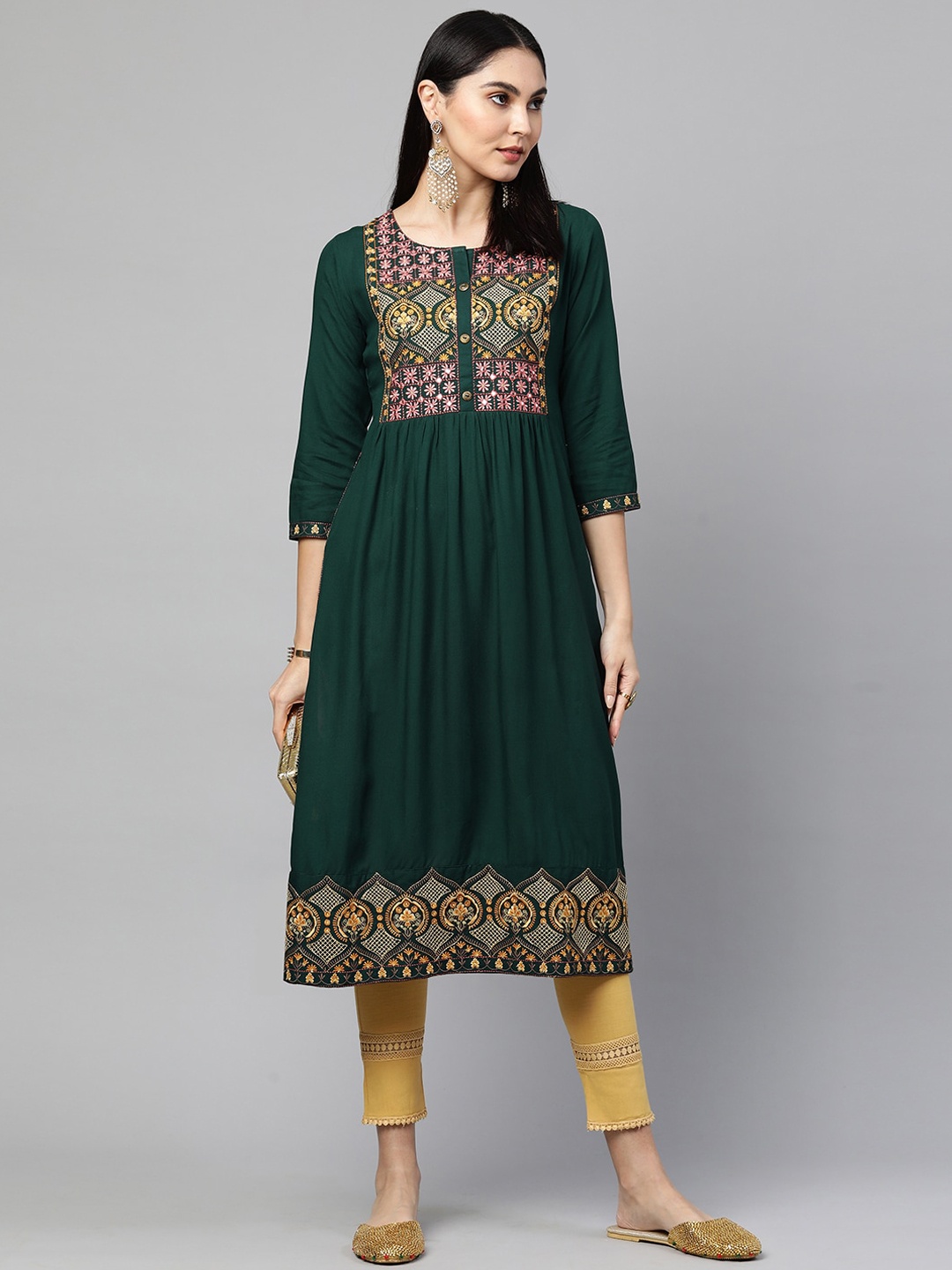 

FASHOR Women Green & Pink Ethnic Motifs Yoke Design Thread Work Kurta