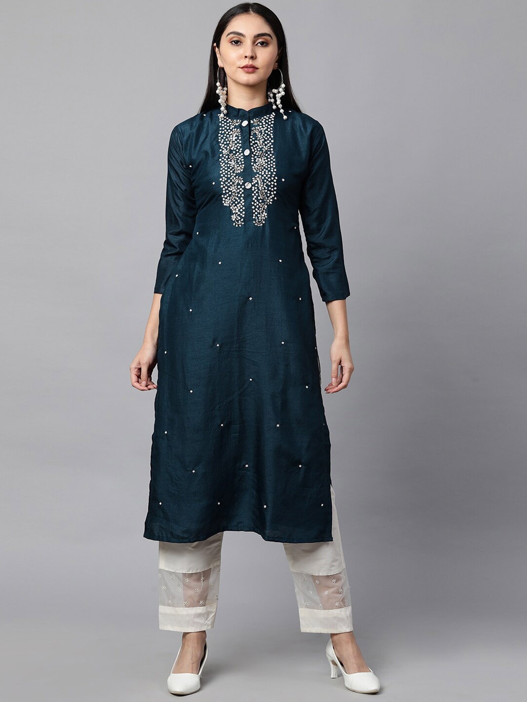 

FASHOR Women Teal Blue Floral Embroidered Thread Work Chinon Silk Kurta