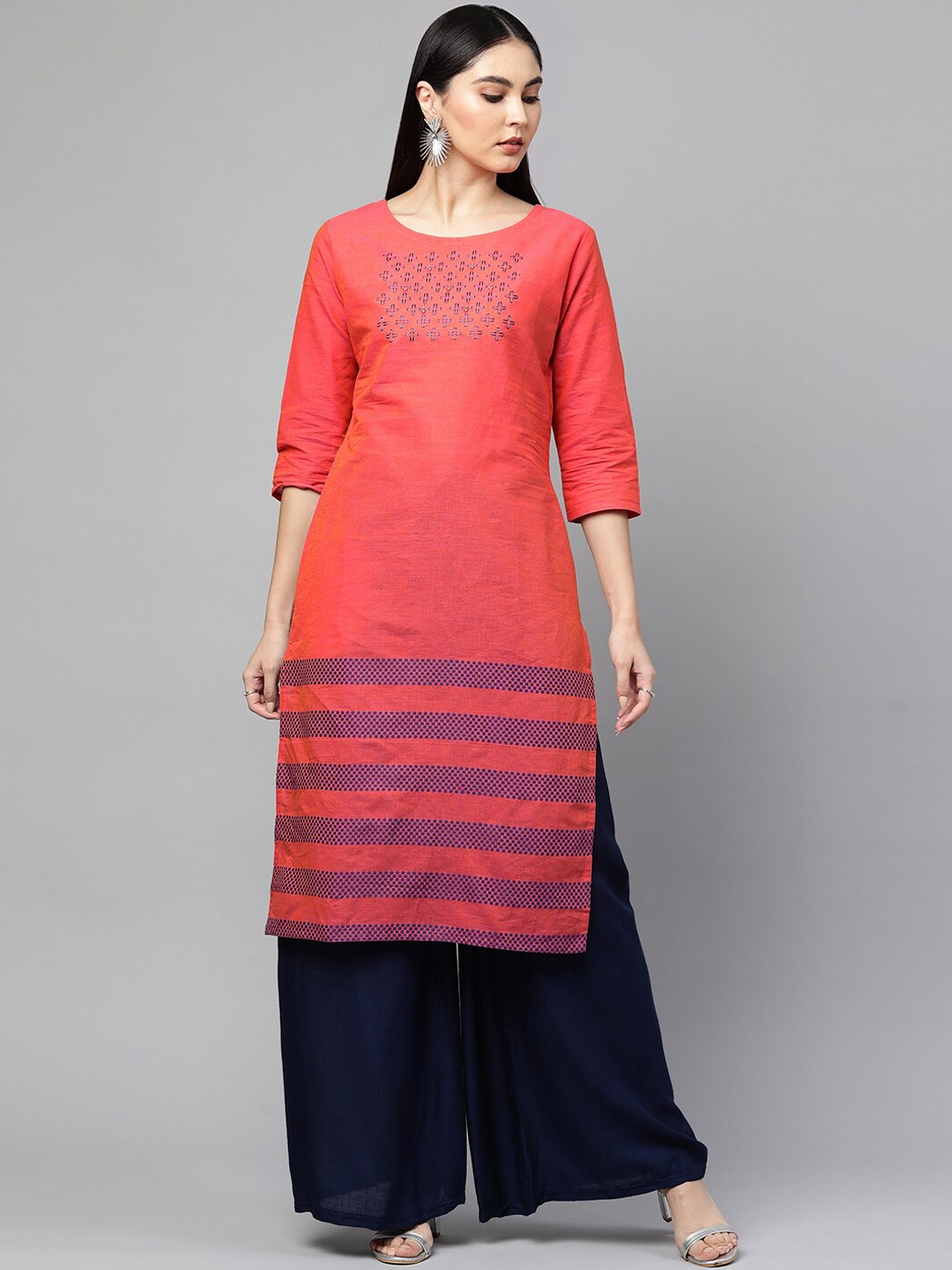 

FASHOR Women Peach Geometric Thread Work Kurta