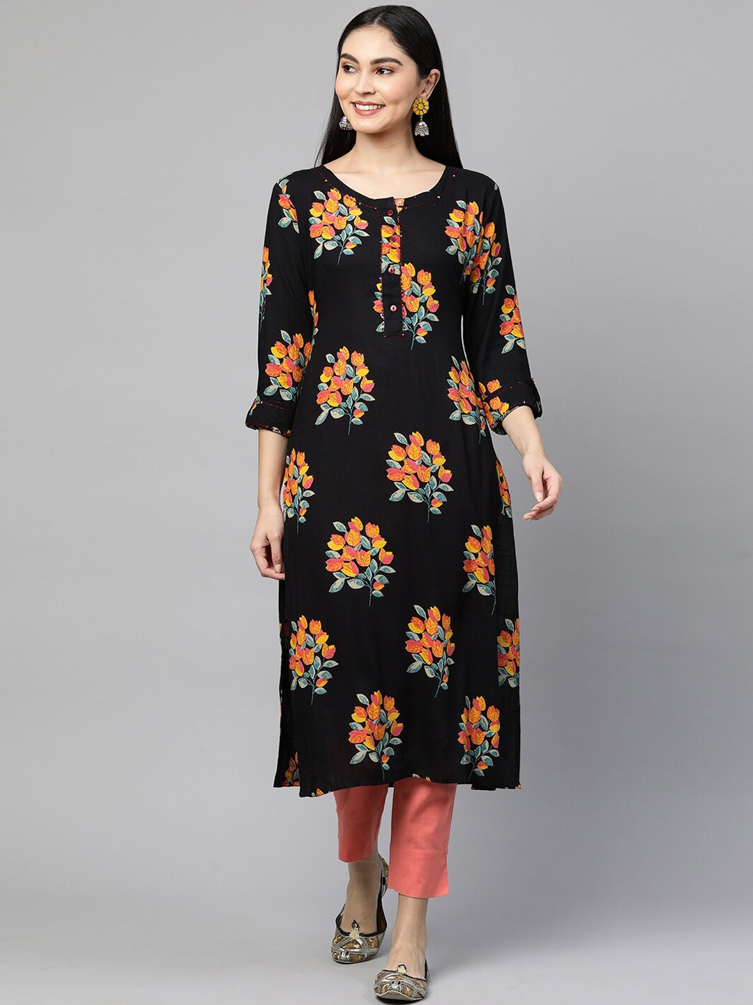 

FASHOR Woman Black Floral Printed Kurta