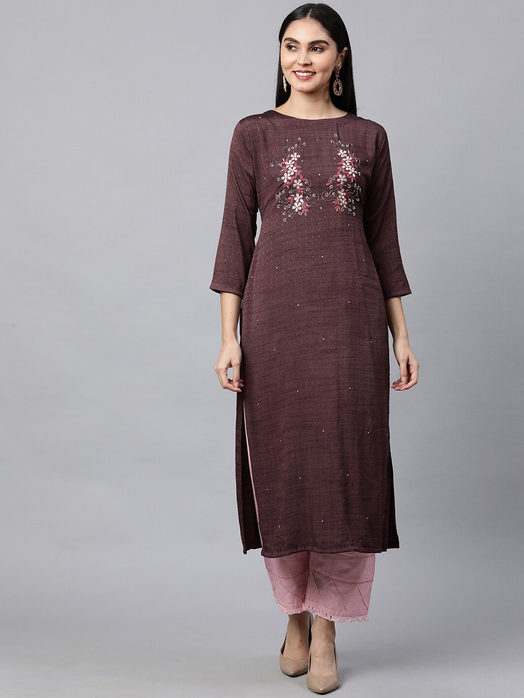 

FASHOR Women Purple Floral Embroidered Kurta