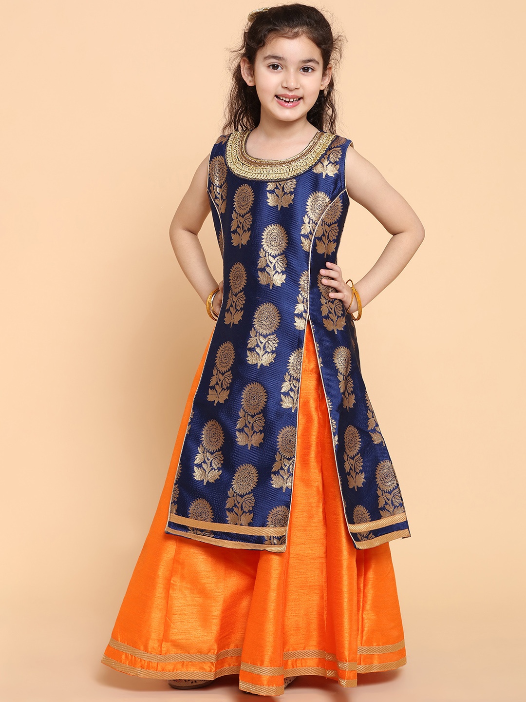 

ADIVA Girls Blue & Orange Woven Design Lehenga & Kurta with Dupatta