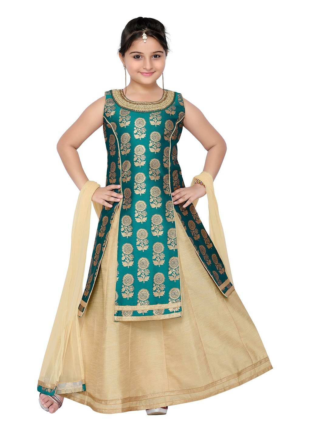 

ADIVA Girls Green & Gold-Toned Ready to Wear Lehenga & Blouse With Dupatta
