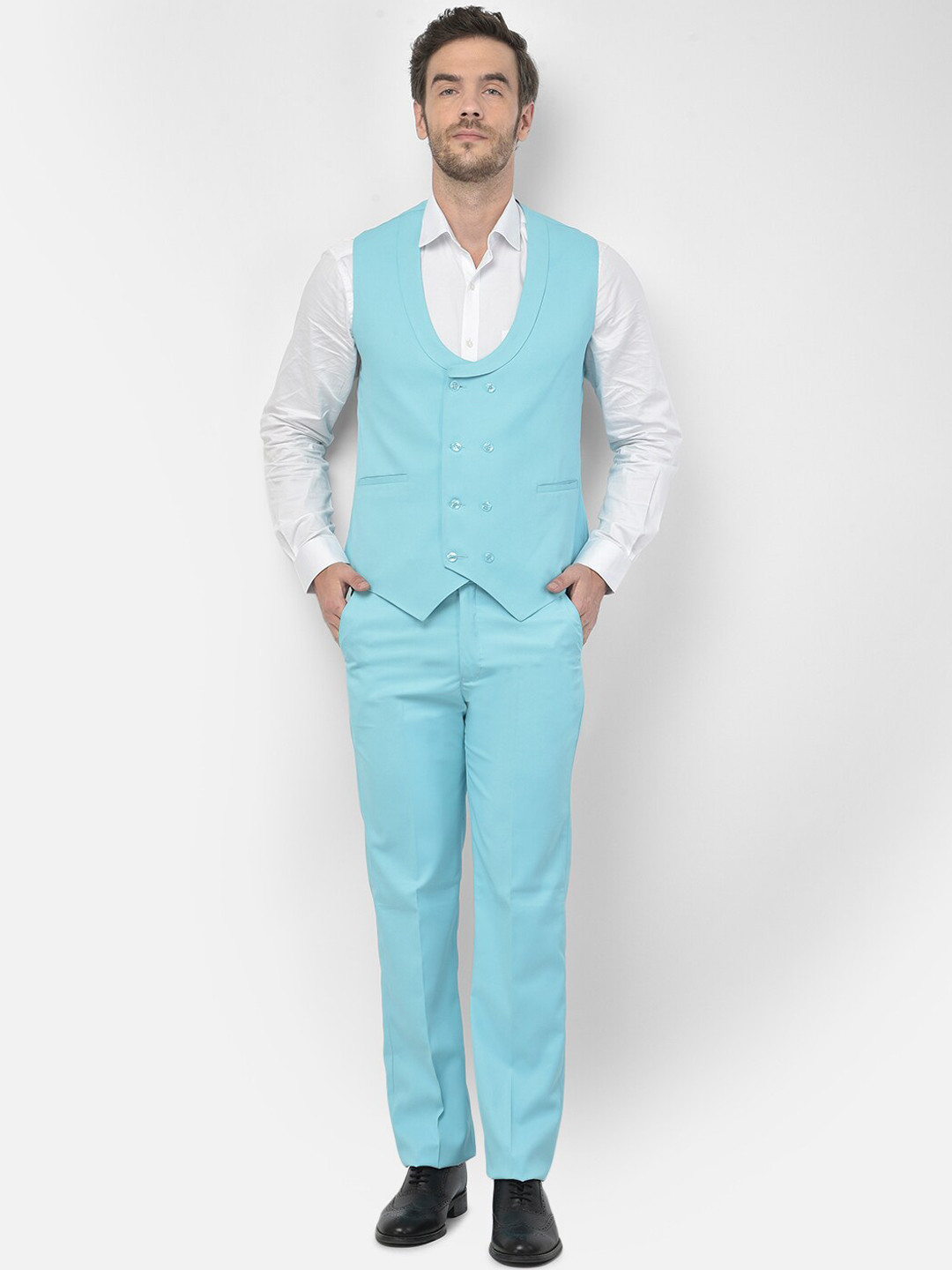 

SG RAJASAHAB Men Turquoise Blue Solid 2-Piece Casual Suit