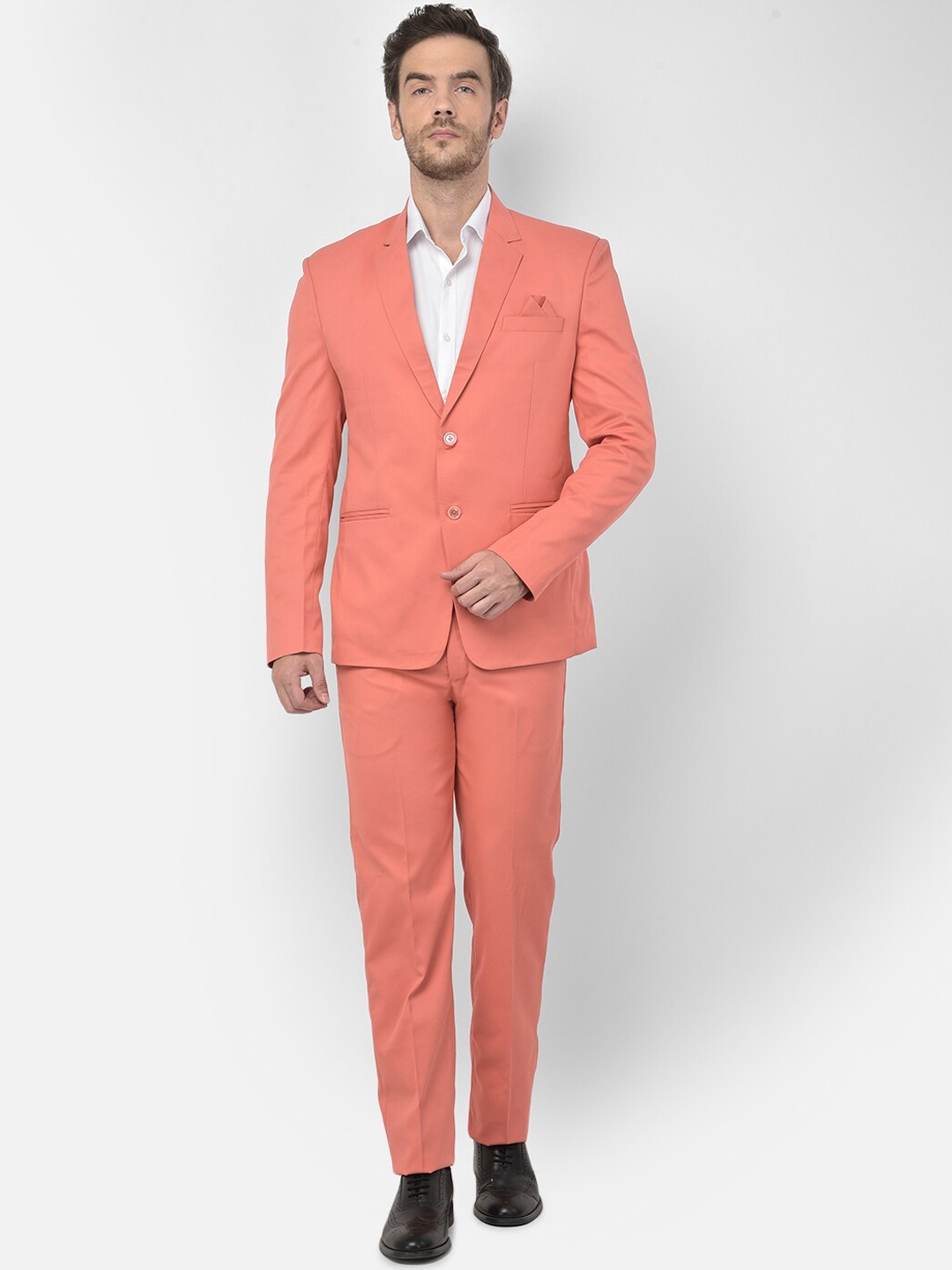 

SG RAJASAHAB Men Peach-Coloured Solid Single-Breasted Casual Suit