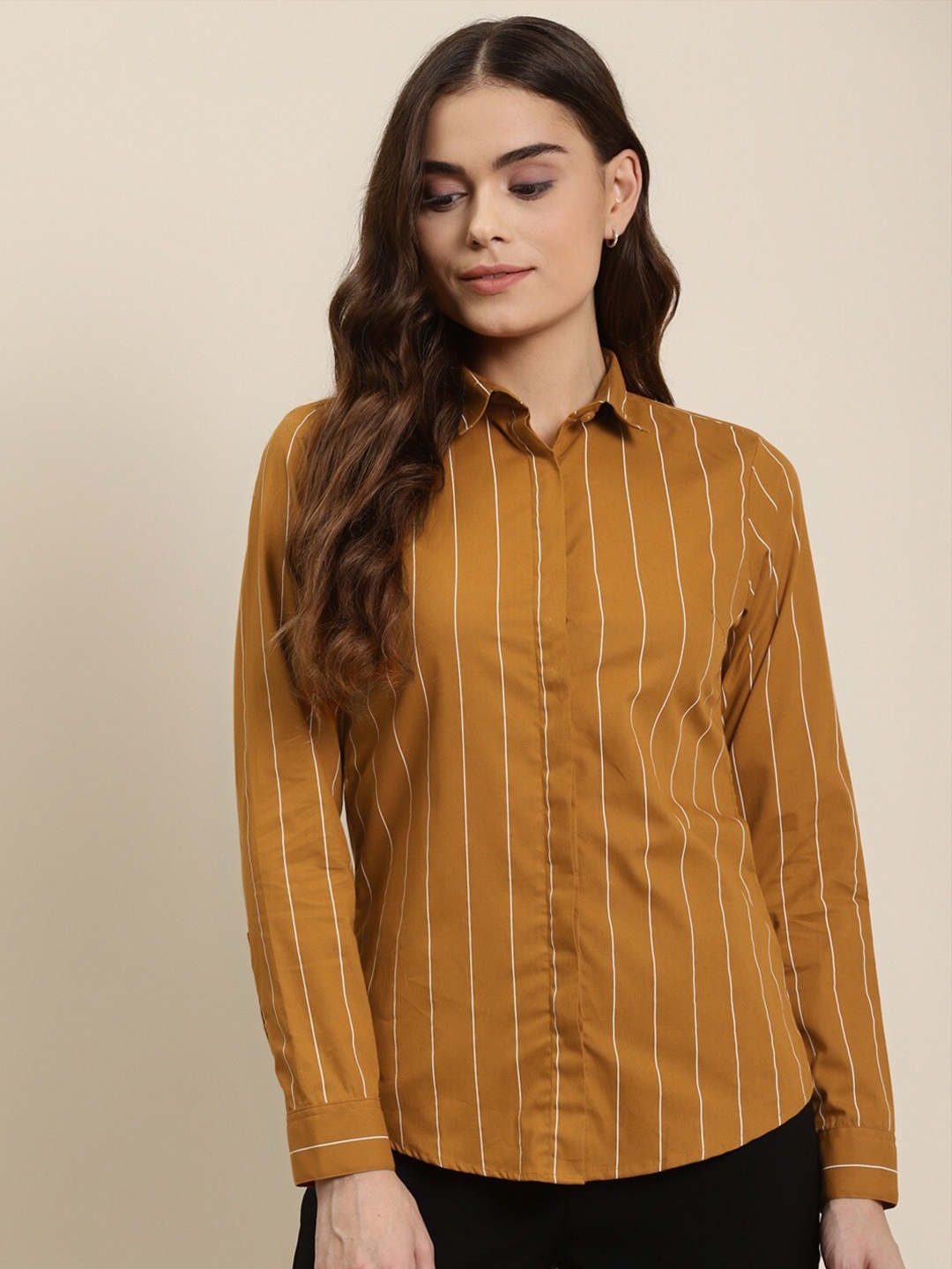 

Hancock Women Mustard Slim Fit Striped Formal Shirt