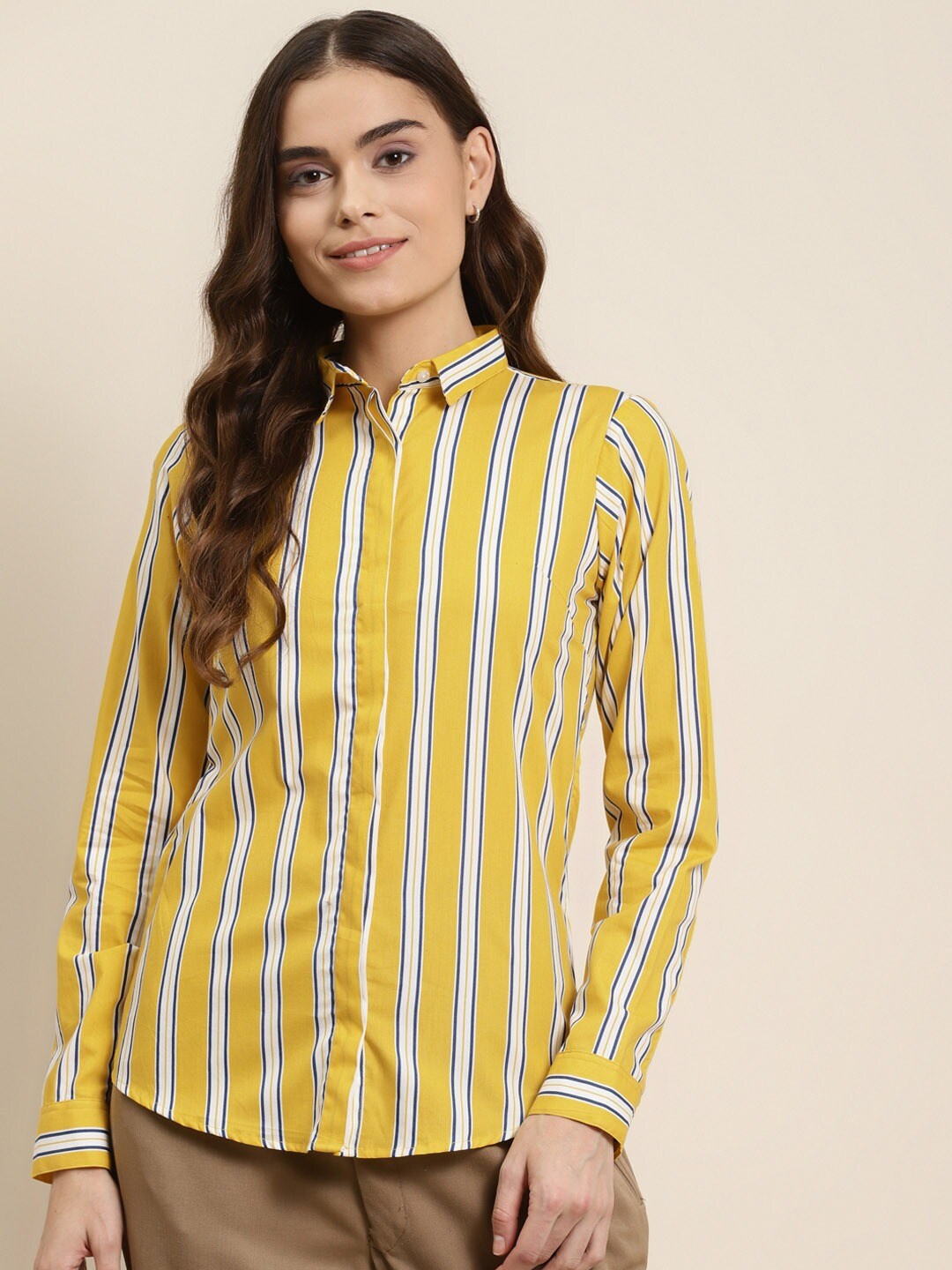 

Hancock Women Yellow Slim Fit Striped Casual Shirt