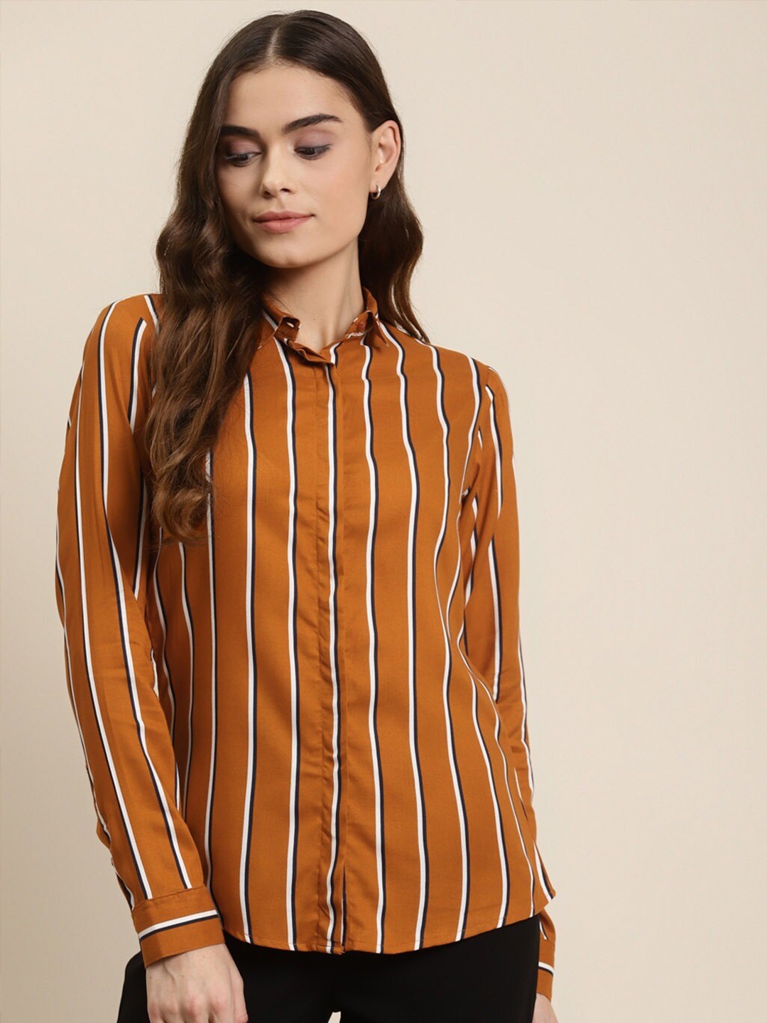 

Hancock Women Mustard Slim Fit Striped Formal Shirt