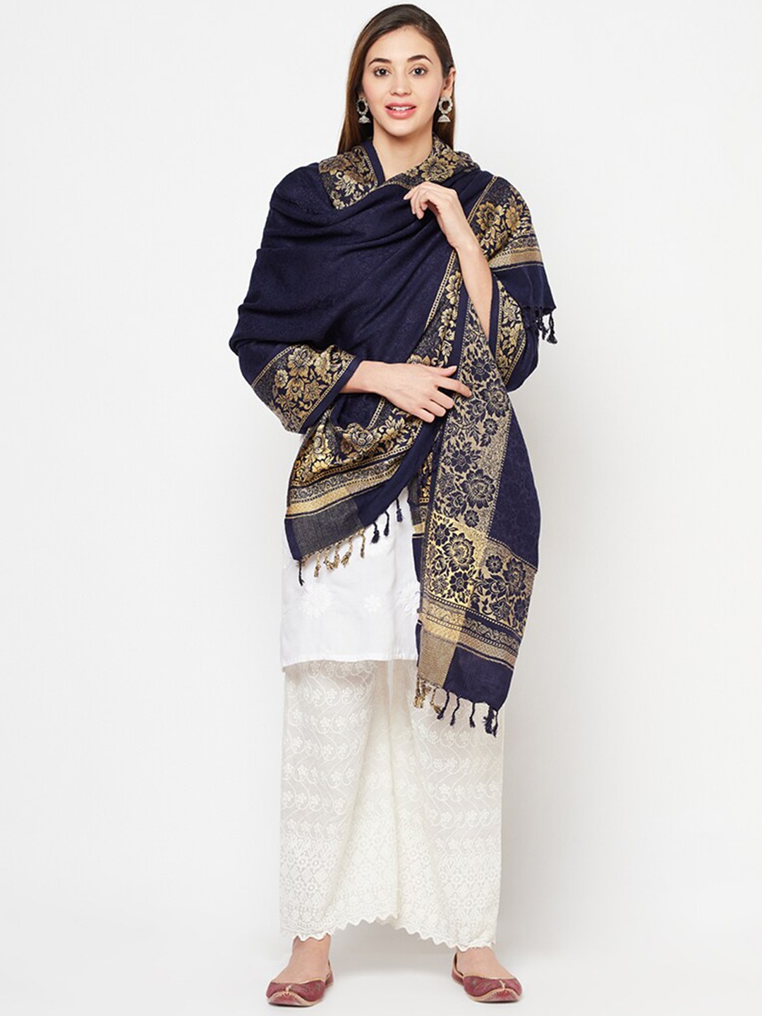 

Safaa Women Navy Blue & Beige Woven Design Shawl