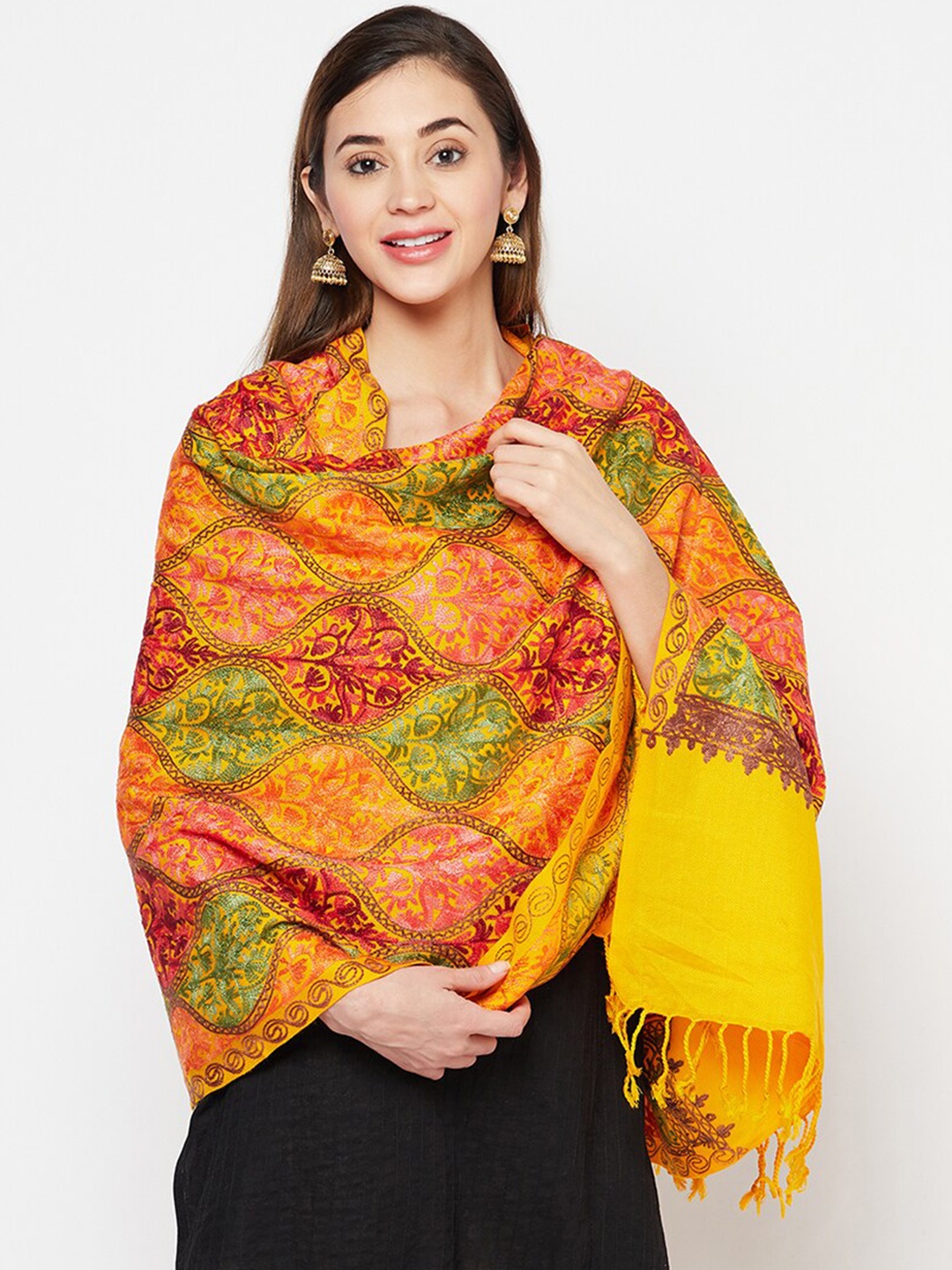 

Safaa Women Yellow & Red Embroidered Shawl