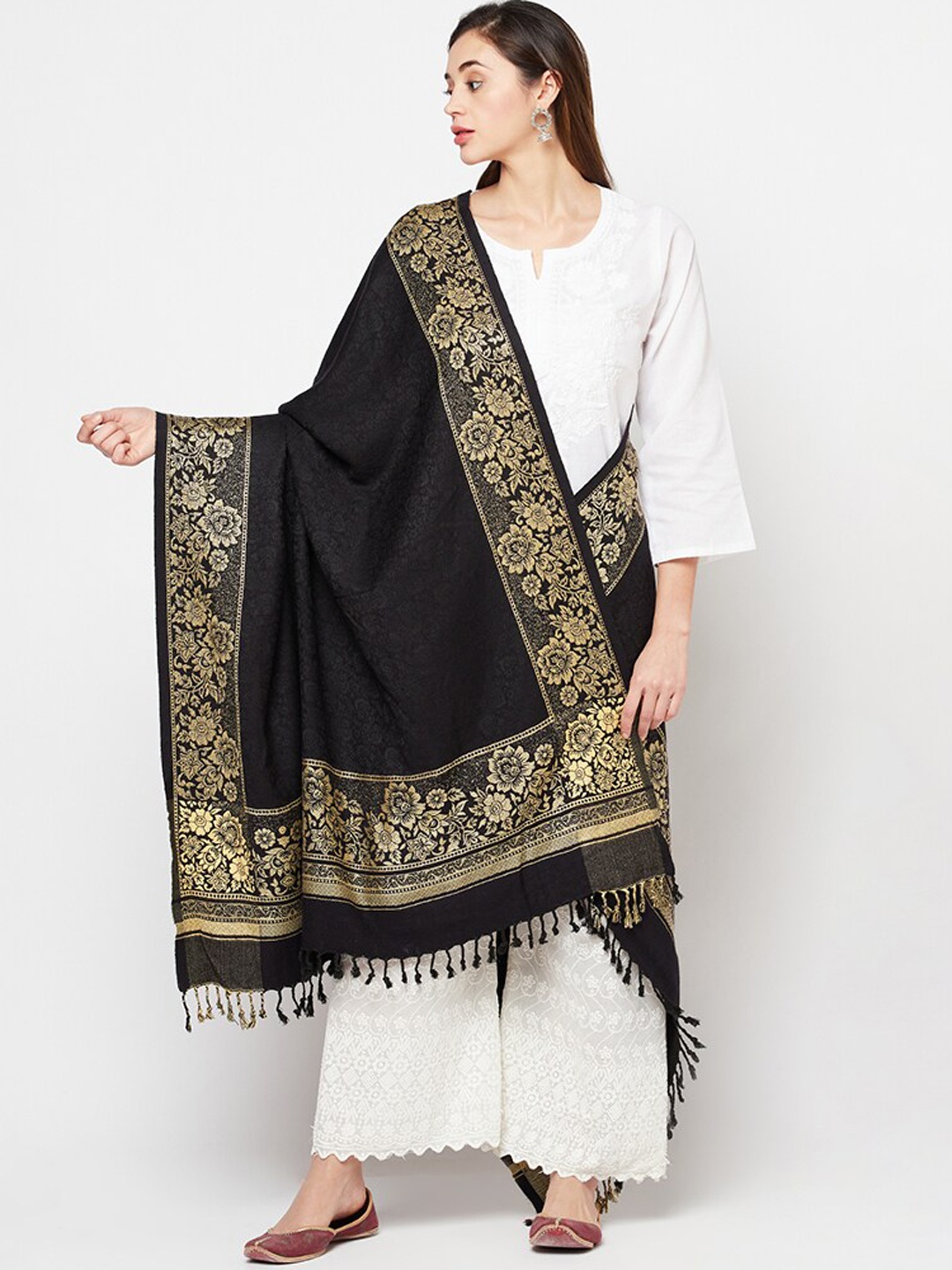 

Safaa Women Black & Beige Woven Design Shawl