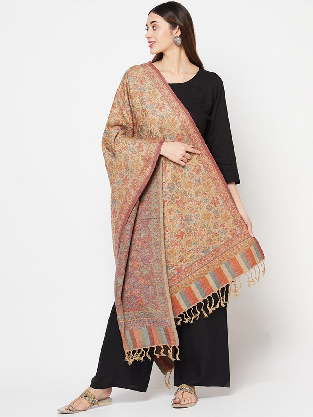 

Safaa Women Beige & Blue Woven Design Shawl