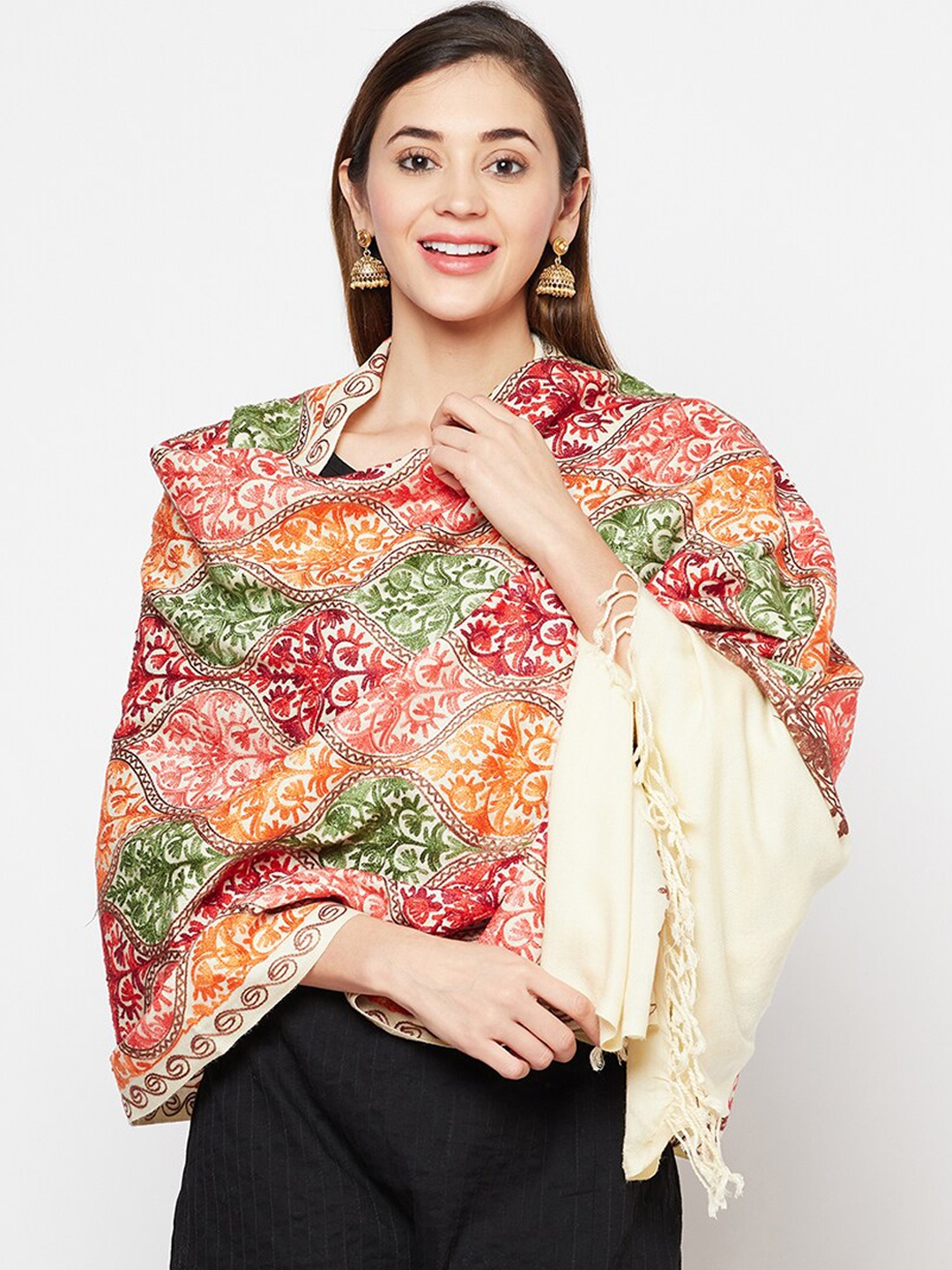 

Safaa Women Cream-Coloured & Red Embroidered Shawl