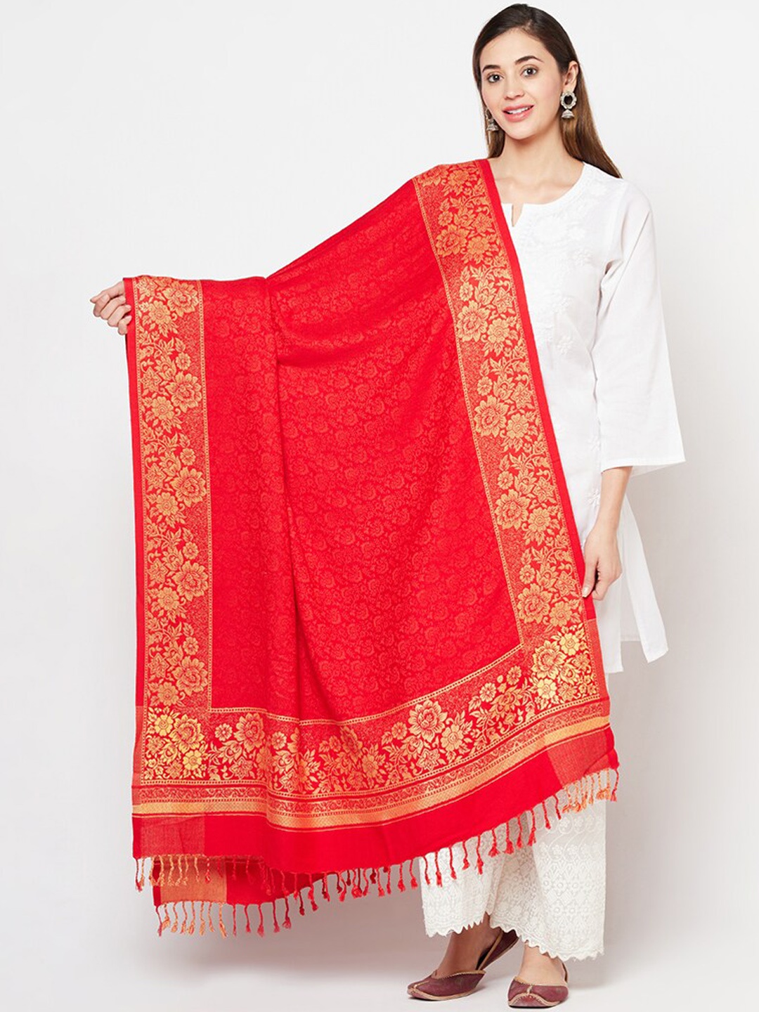 

Safaa Women Red & Gold-Coloured Woven Design Shawl